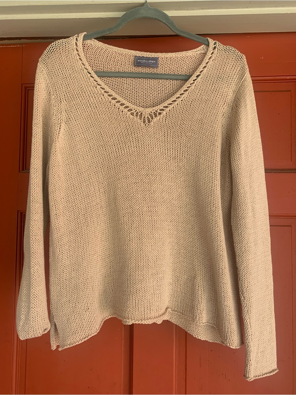 Wooden Ships Beige Open-Knit V-Neck Sweater
